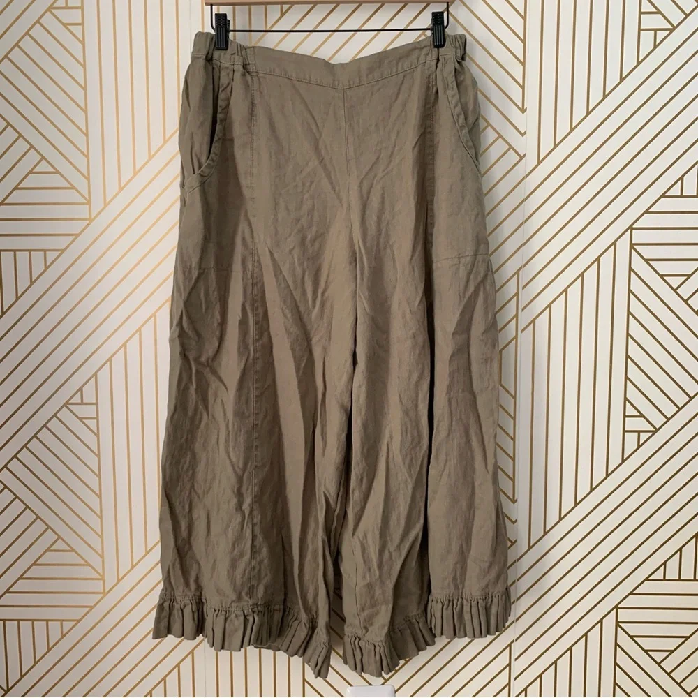 Heart’s Desire by Mary Grace Garbo Lagenlook Wide Leg Ruffle Bottom Linen Pant L - Picture 2 of 9